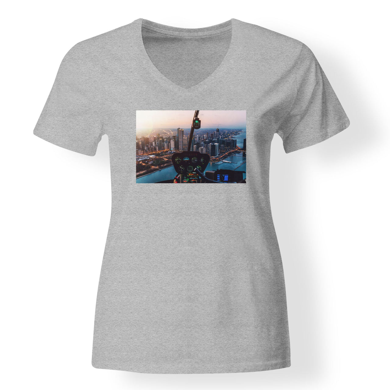 Amazing City View from Helicopter Cockpit Designed V-Neck T-Shirts
