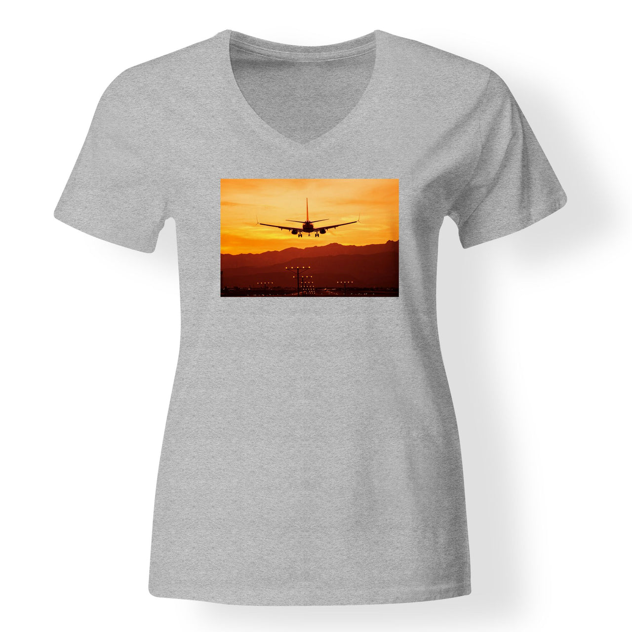 Landing Aircraft During Sunset Designed V-Neck T-Shirts