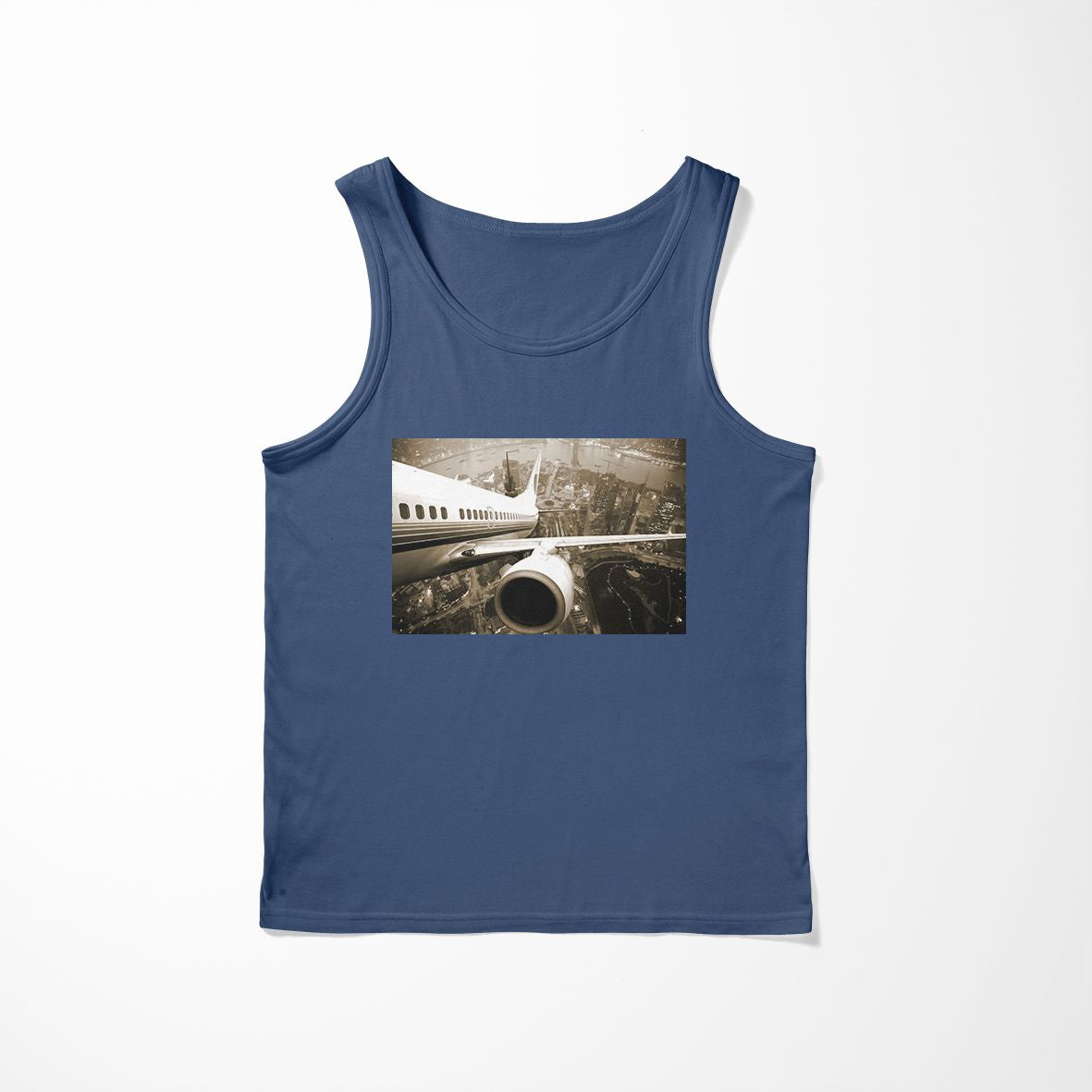 Departing Aircraft & City Scene behind Designed Tank Tops
