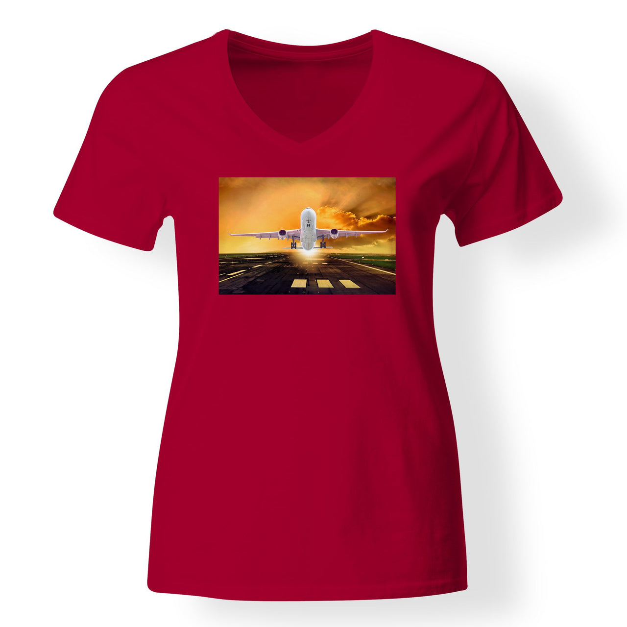 Amazing Departing Aircraft Sunset & Clouds Behind Designed V-Neck T-Shirts