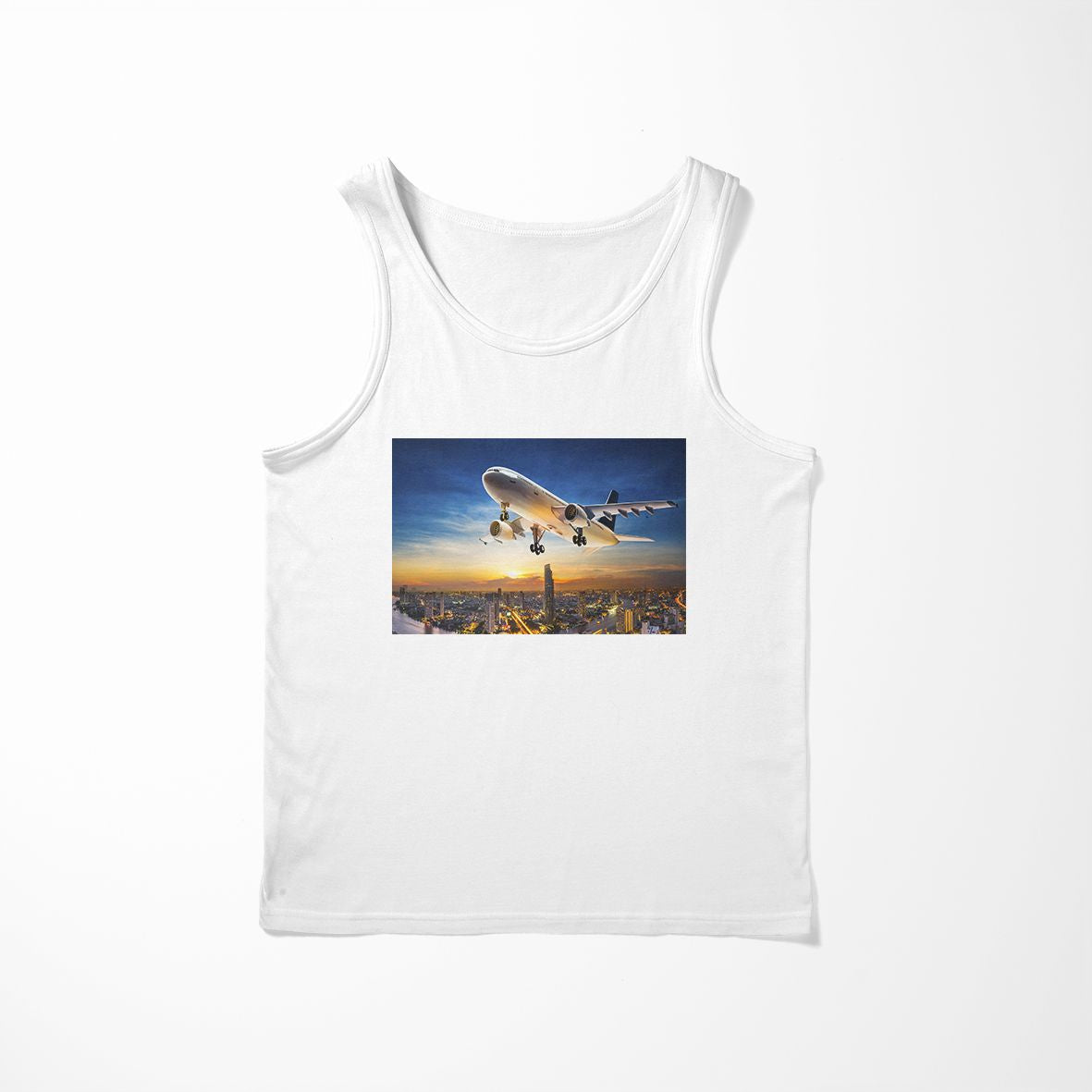 Super Aircraft over City at Sunset Designed Tank Tops