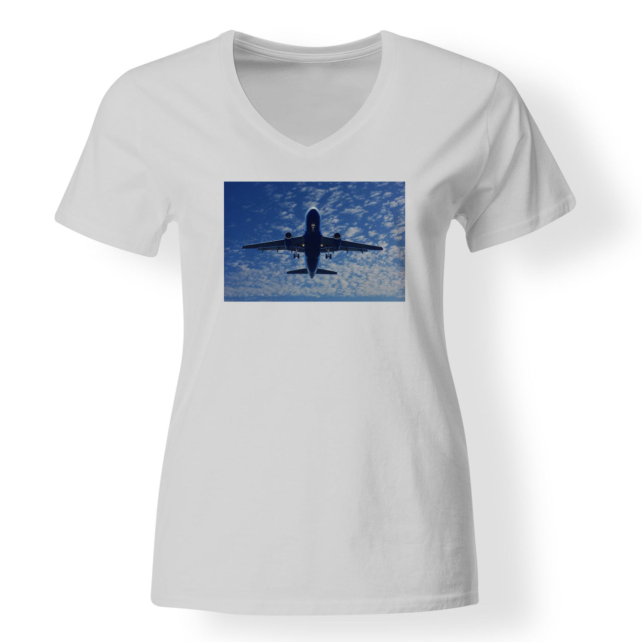 Airplane From Below Designed V-Neck T-Shirts