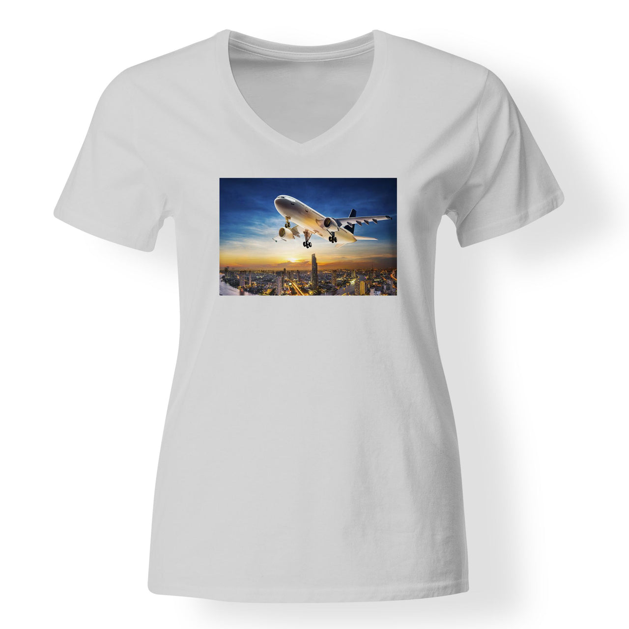 Super Aircraft over City at Sunset Designed V-Neck T-Shirts