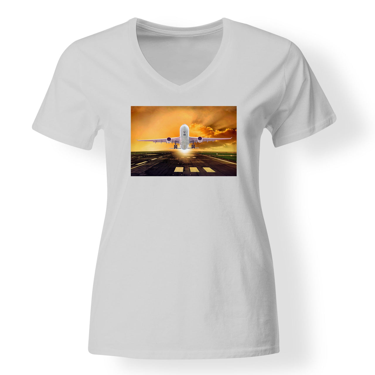 Amazing Departing Aircraft Sunset & Clouds Behind Designed V-Neck T-Shirts