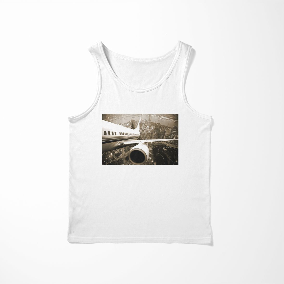 Departing Aircraft & City Scene behind Designed Tank Tops
