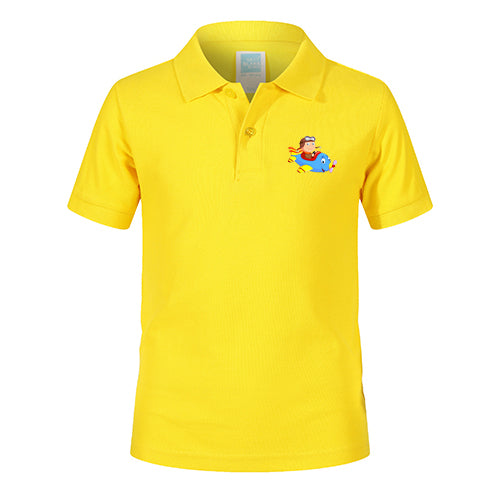 Little Boy Operating an Airplane Designed Children Polo T-Shirts