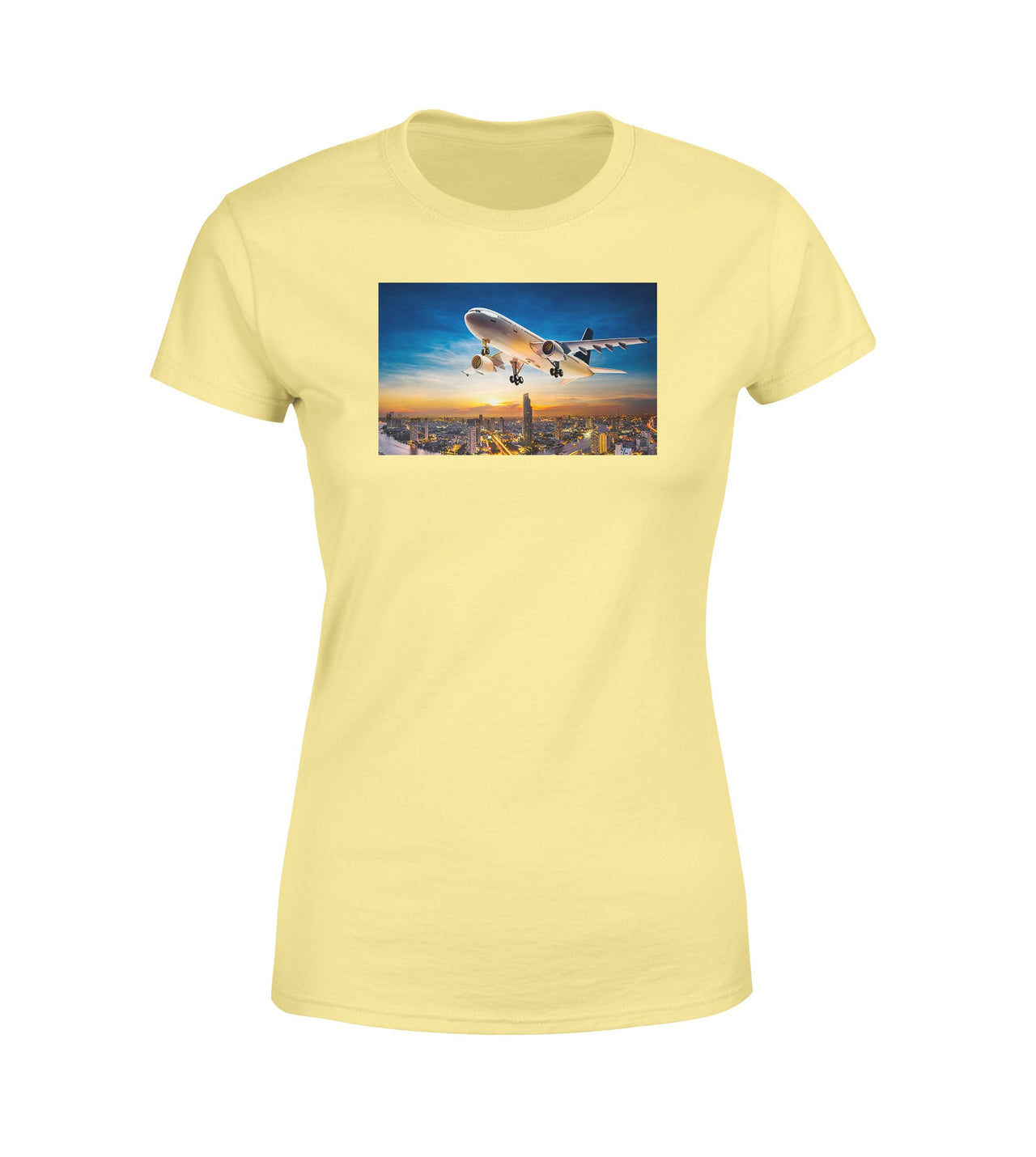 Super Aircraft over City at Sunset Designed Women T-Shirts
