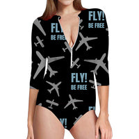 Thumbnail for Fly Be Free Black Designed Deep V Swim Bodysuits