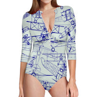 Thumbnail for Amazing Drawings of Old Aircrafts Designed Deep V Swim Bodysuits