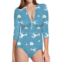 Thumbnail for Helicopters & Clouds Designed Deep V Swim Bodysuits