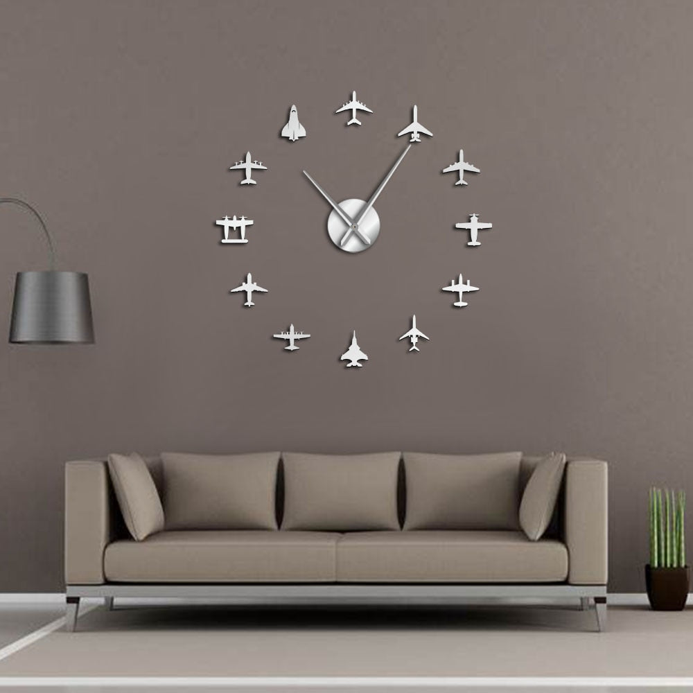 Airplane Shapes Acrylic Mirror Effect Sticker Wall Clock