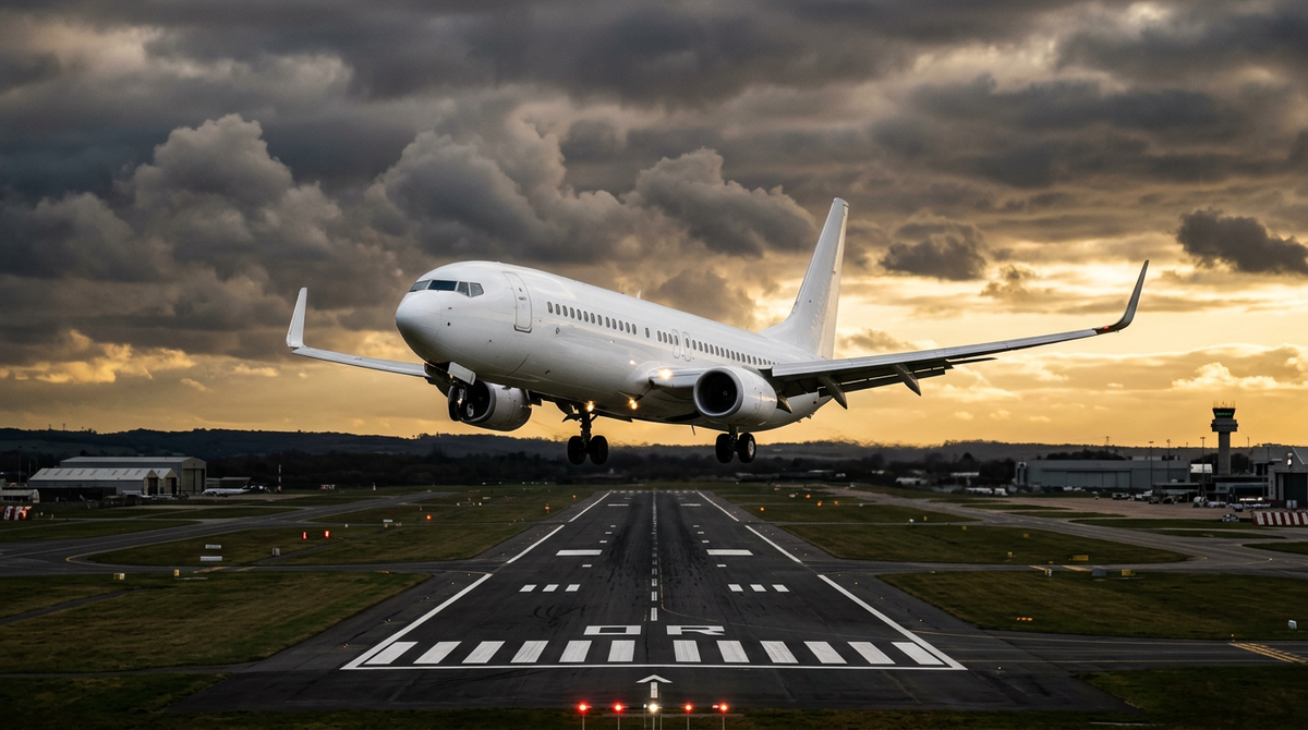 An airliner on short final in a crosswind, crabbed into the wind under a dramatic sky