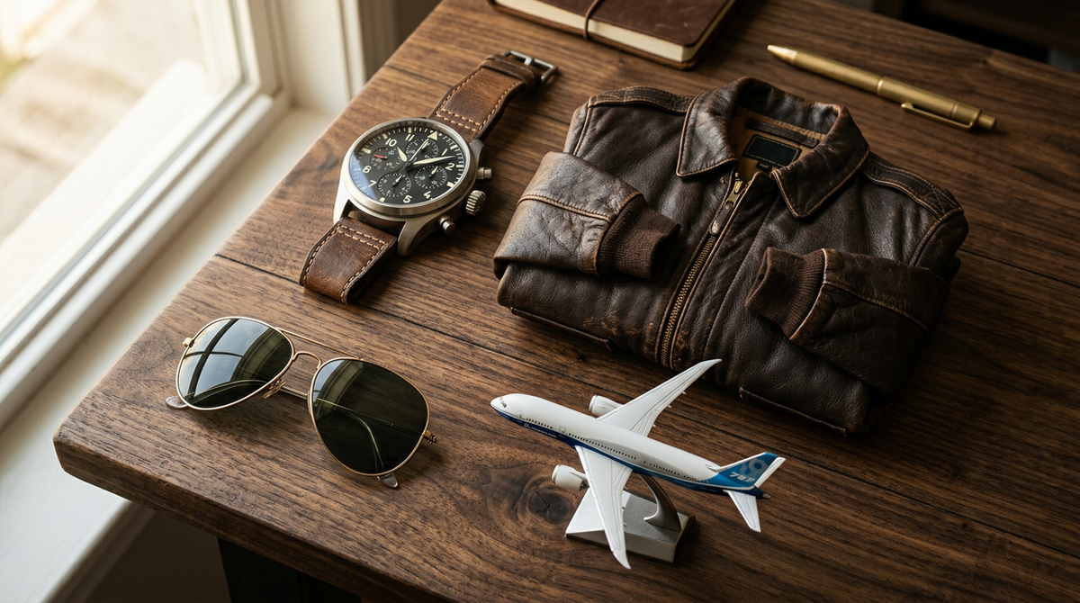 Premium pilot gifts flat lay — aviator chronograph watch, leather bomber jacket and a die-cast airliner model on a wooden desk
