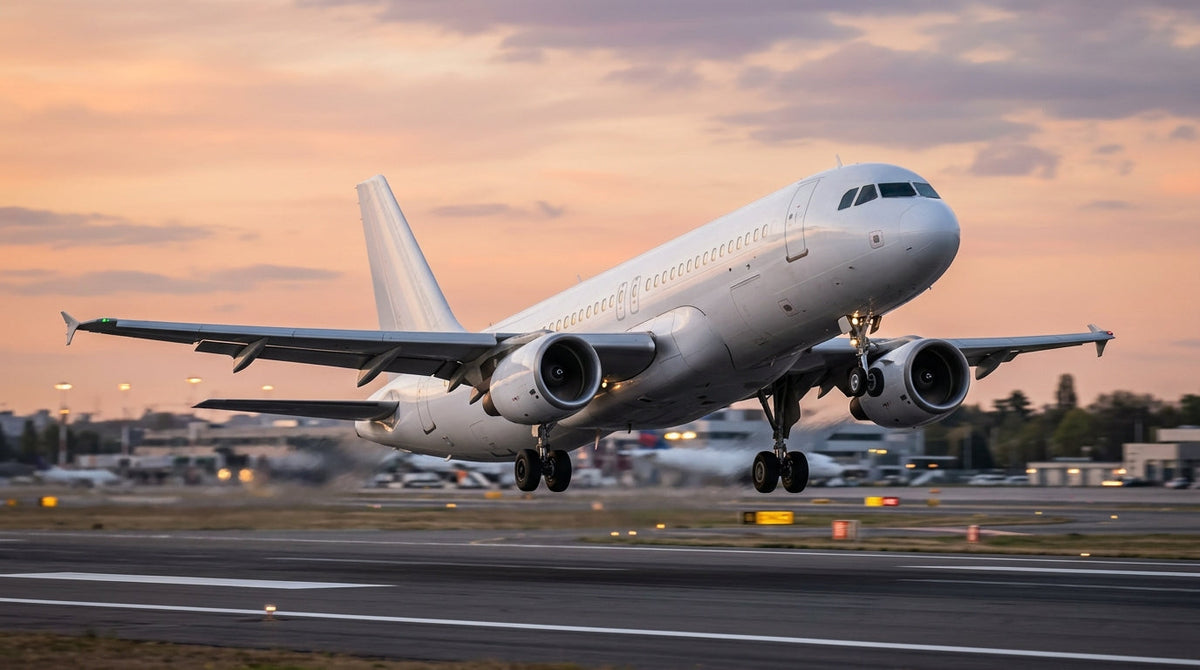 Airbus A320 rotating for takeoff on a runway at dawn