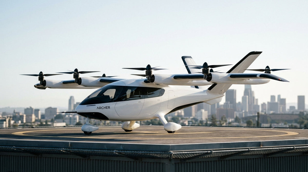 Archer Aviation Midnight eVTOL air taxi on an urban vertiport pad