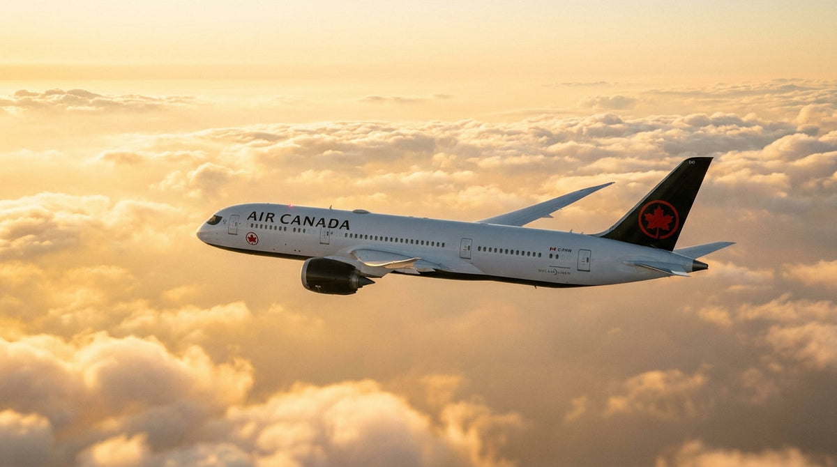 Air Canada Boeing 787-9 Dreamliner cruising above clouds at sunset