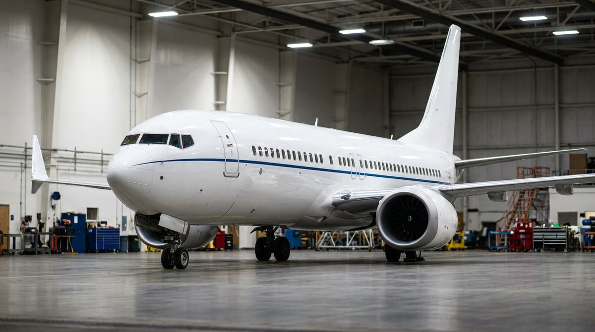 Boeing 737 MAX 8 in a maintenance hangar, white livery, three-quarter view