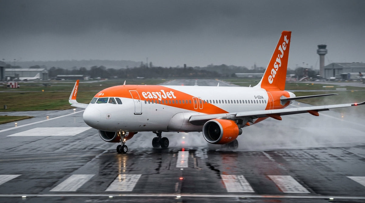 easyJet Airbus A320 on a wet runway