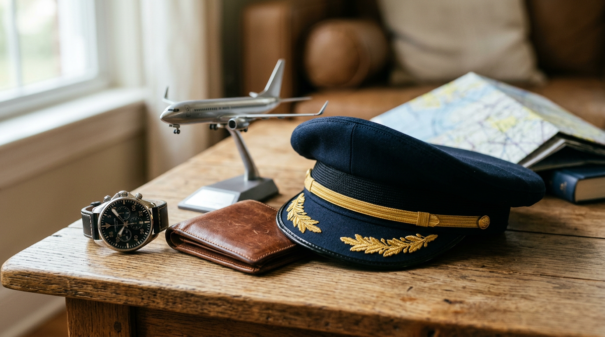 Father's Day gifts for a pilot dad — aviator watch, leather wallet, model airliner and captain's cap on a wooden table