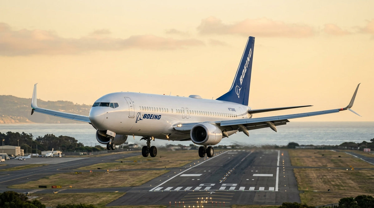 Boeing 737 in a clean blue and white house livery on final approach at golden hour