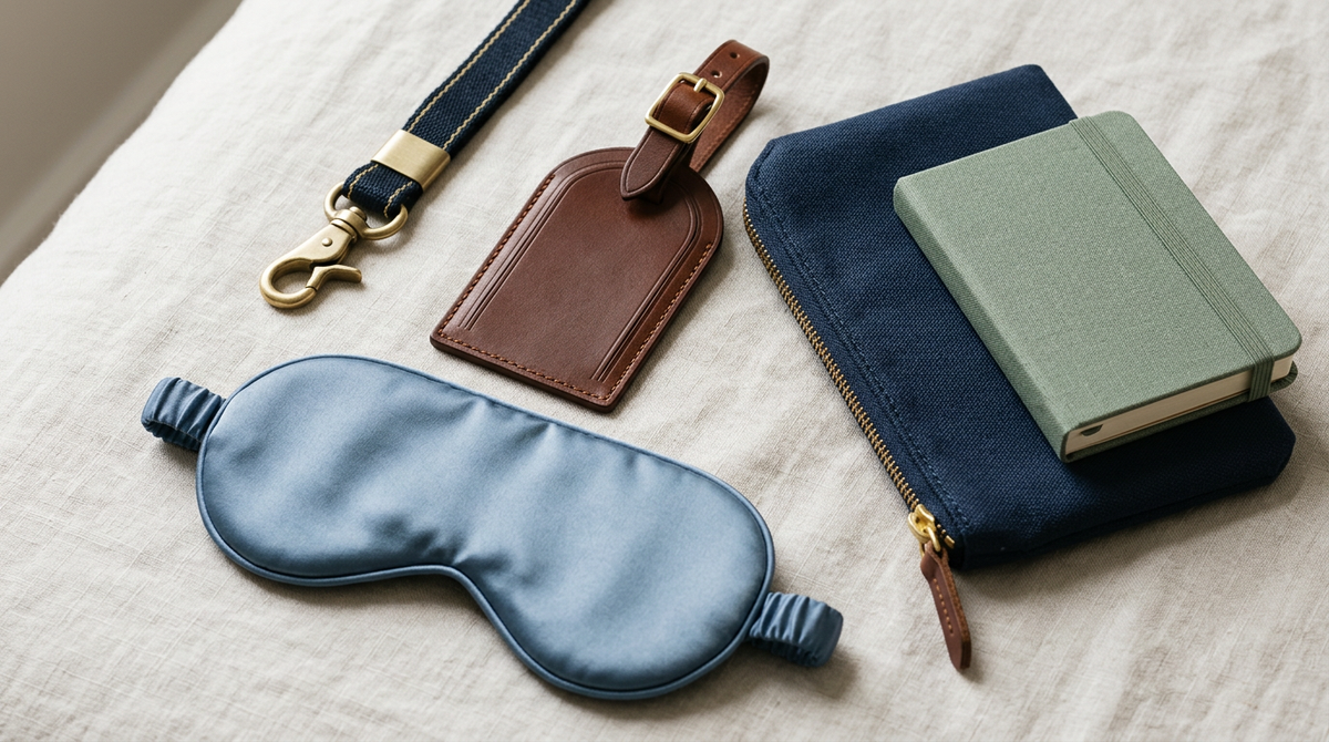 Flight attendant gift ideas flat lay — luggage tag, sleep mask, travel pouch and crew lanyard