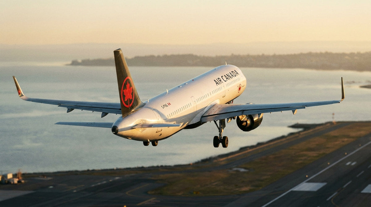 Air Canada Airbus A321XLR climbing after takeoff over a coastline at sunrise