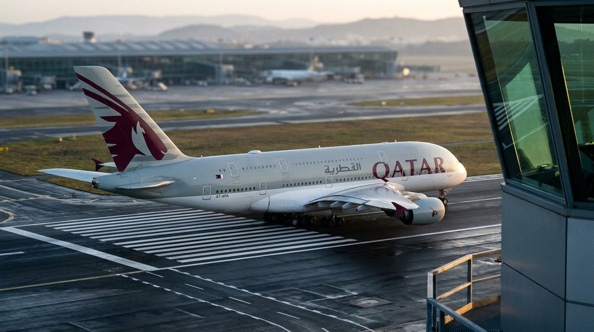 Qatar Airways Airbus A380 taxiing seen from the control tower