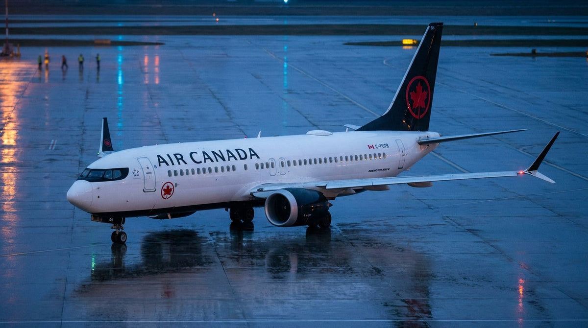 Air Canada Boeing 737 MAX 8 on a rain-slicked apron at dusk