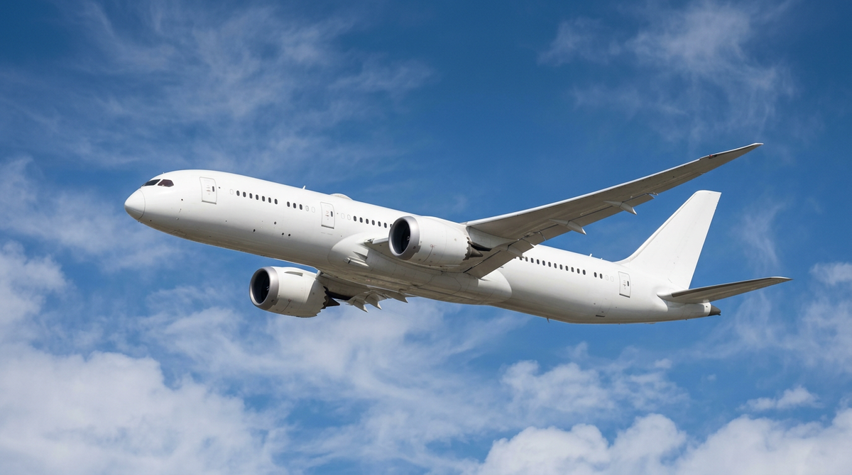 A modern wide-body airliner with elegant curved wingtips in flight against a blue sky