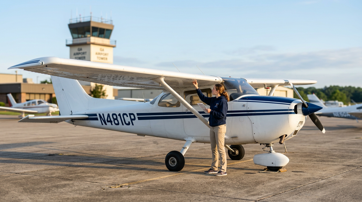 Student pilot performing a preflight walkaround on a single-engine training airplane at a small airport