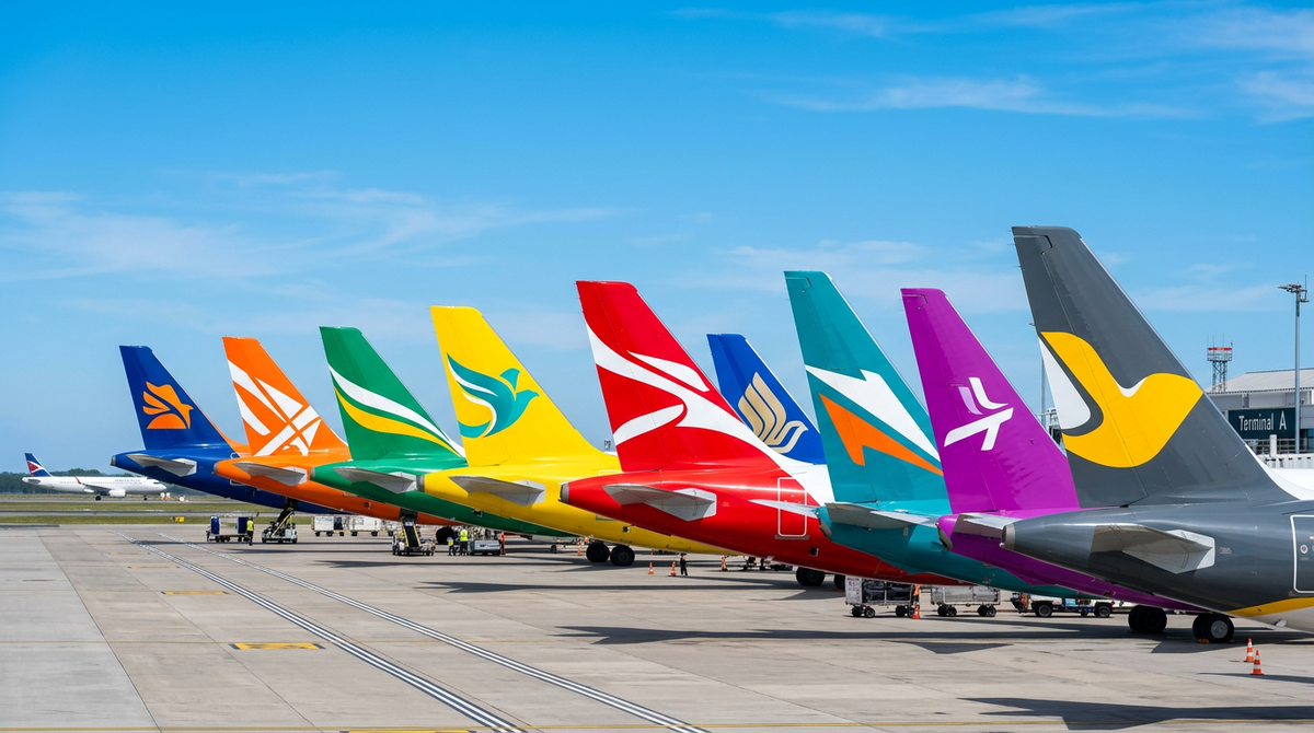A row of colourful airliner tail fins lined up at an airport against a blue sky