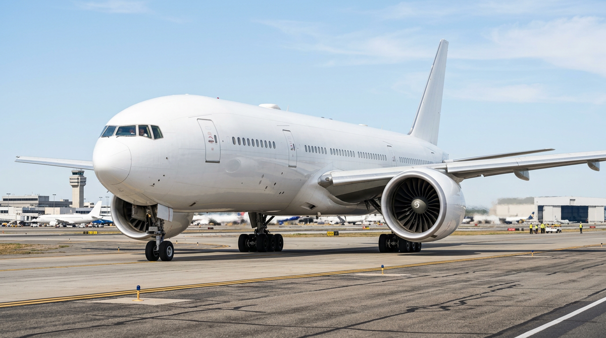 A large twin-engine wide-body airliner taxiing, showing one huge turbofan engine