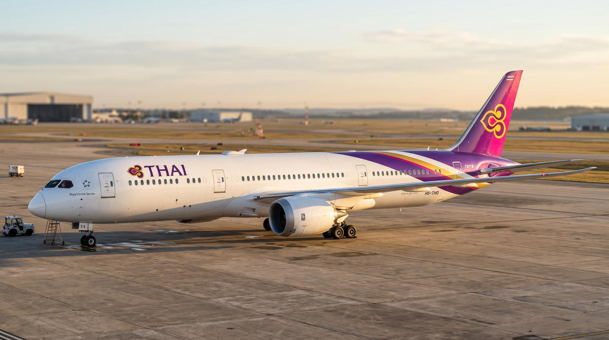 Thai Airways Boeing 787-9 Dreamliner on the apron at dusk