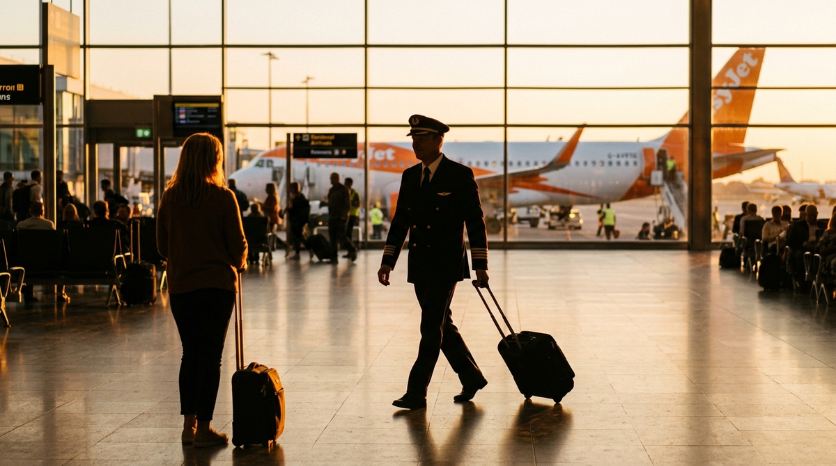Airline pilot reuniting with partner at the airport at golden hour after a multi-day trip
