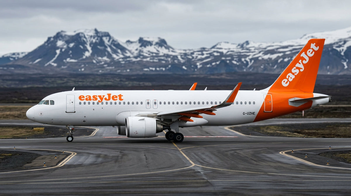 easyJet Airbus A320neo taxiing at a Keflavik-like airport in Iceland