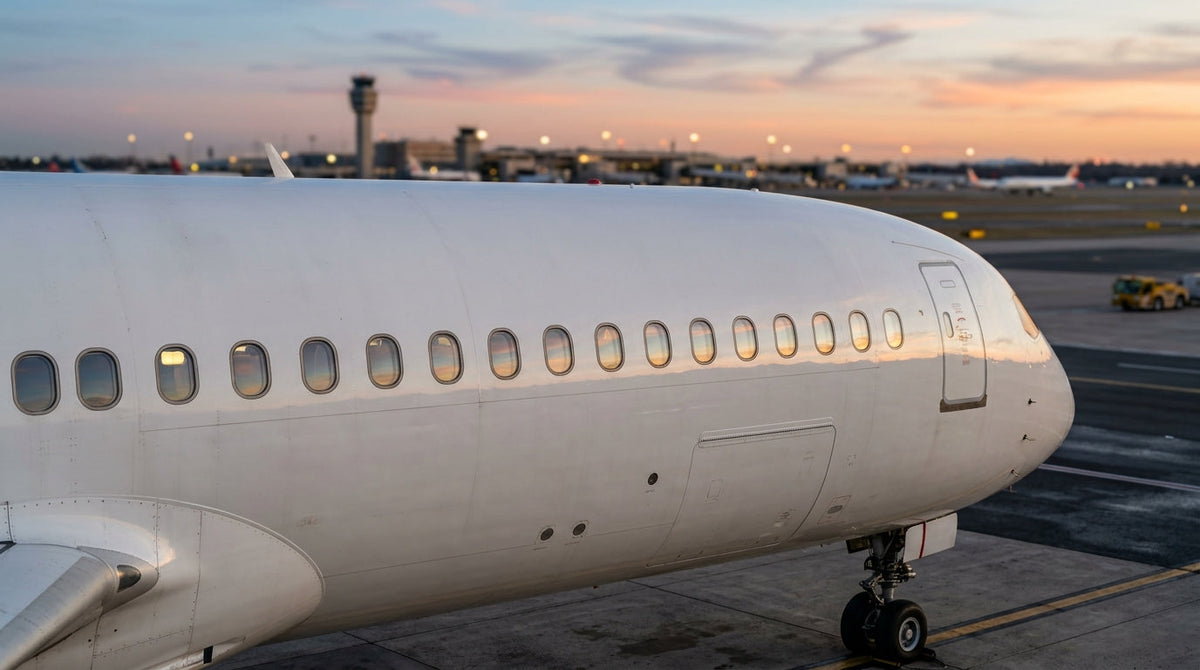 Rows of rounded oval cabin windows along the white fuselage of a modern airliner at sunset
