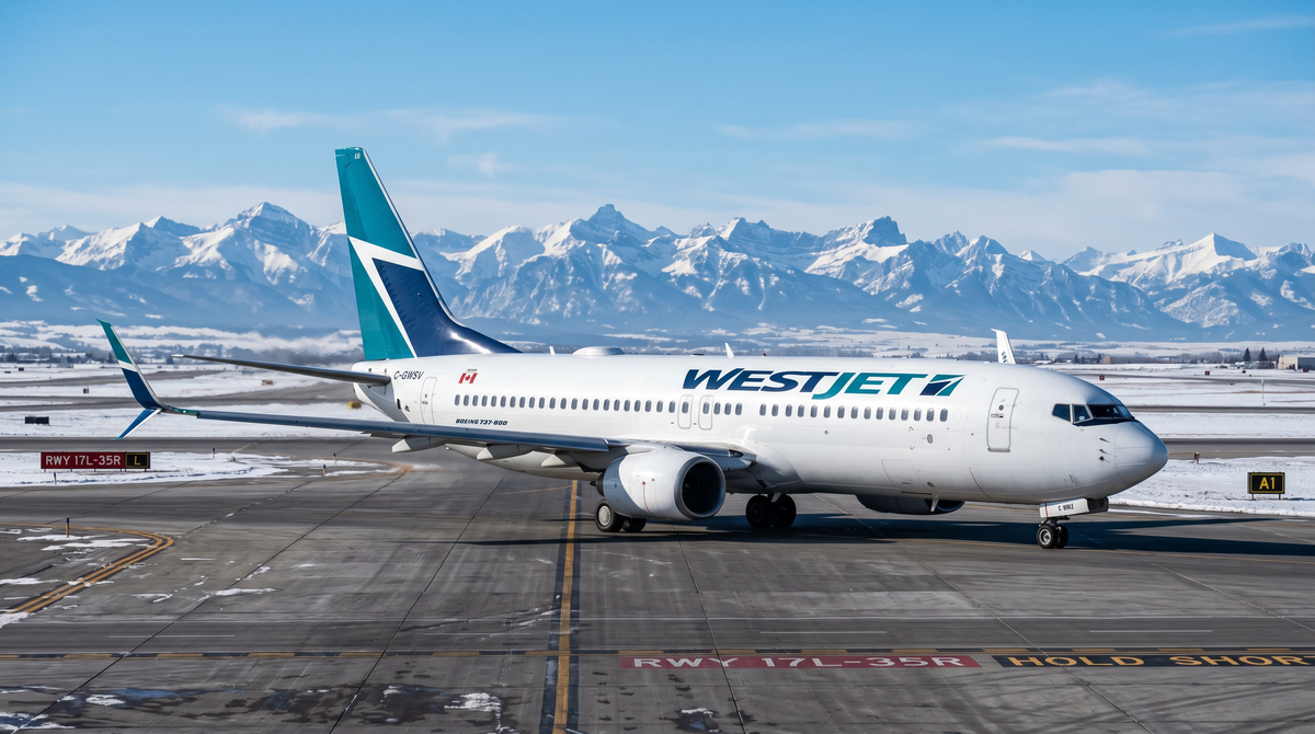 WestJet Boeing 737 on the taxiway at a high-plains airport with snow-capped Rocky Mountains