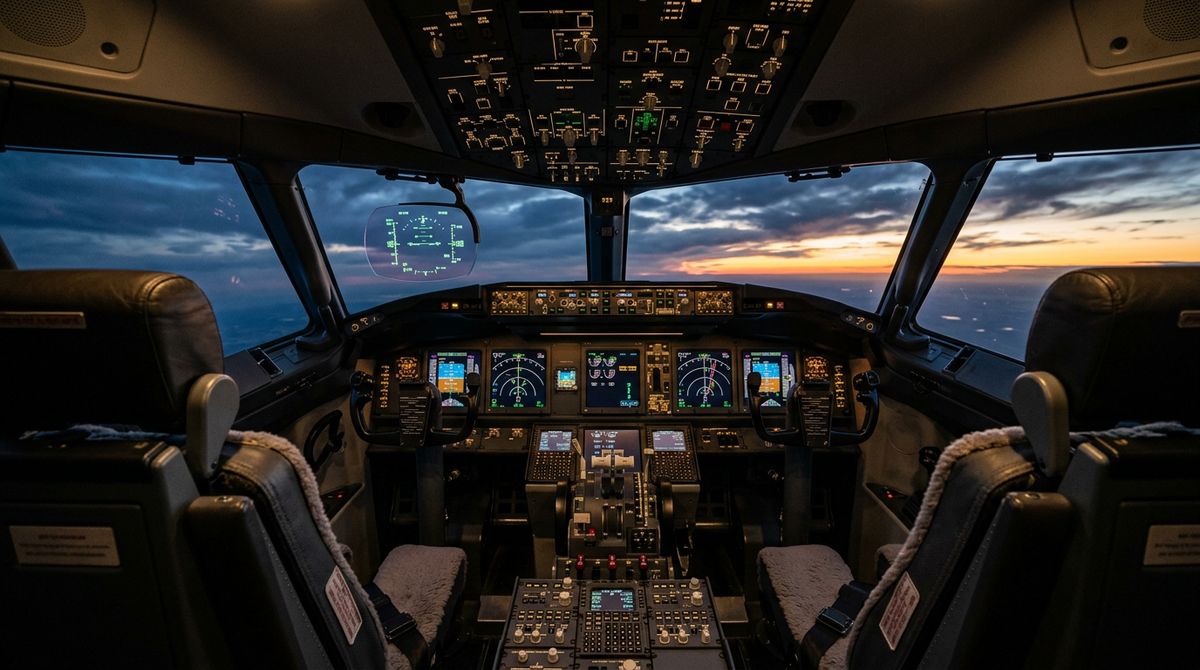 A modern airliner glass cockpit at dusk with glowing flight displays and a head-up display