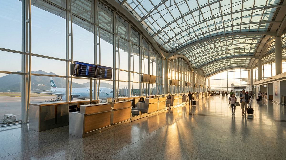 Modern expanded Terminal 2 at Hong Kong International Airport with soaring glass ceiling and golden hour lighting