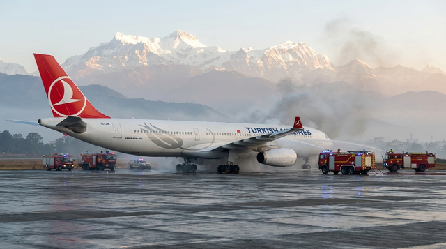 Turkish Airlines A330 Evacuated After Tyre Fire at Kathmandu — All 288 On Board Escape Via Emergency Slides as Airport Shuts for 98 Minutes