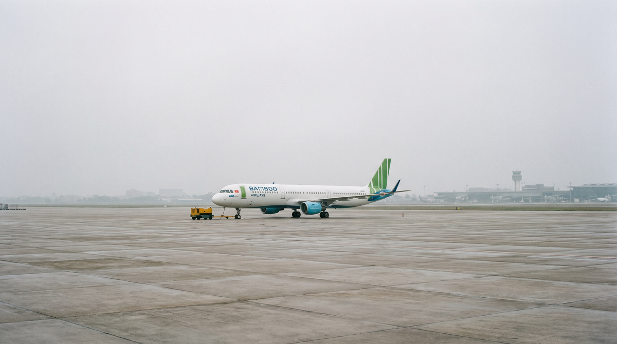 Bamboo Airways Airbus A321 parked on an empty apron as the airline halts scheduled flights
