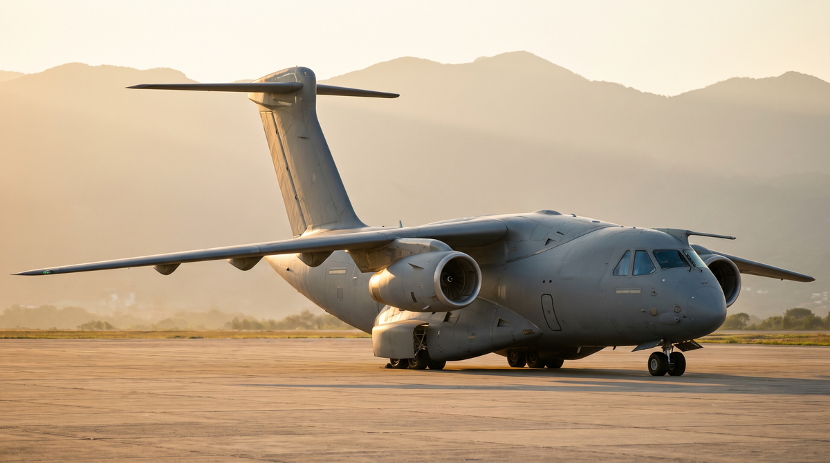 Embraer KC-390 Millennium military transport on a sunlit apron