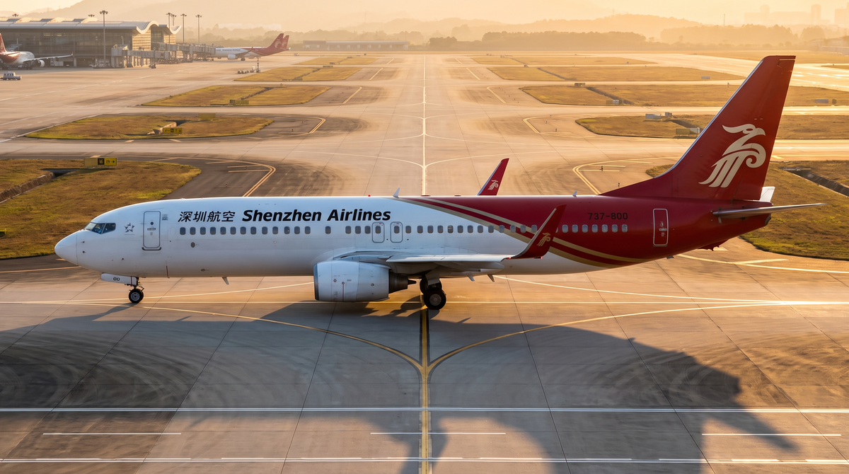 Boeing 737-800 in Shenzhen Airlines livery on a taxiway at sunrise