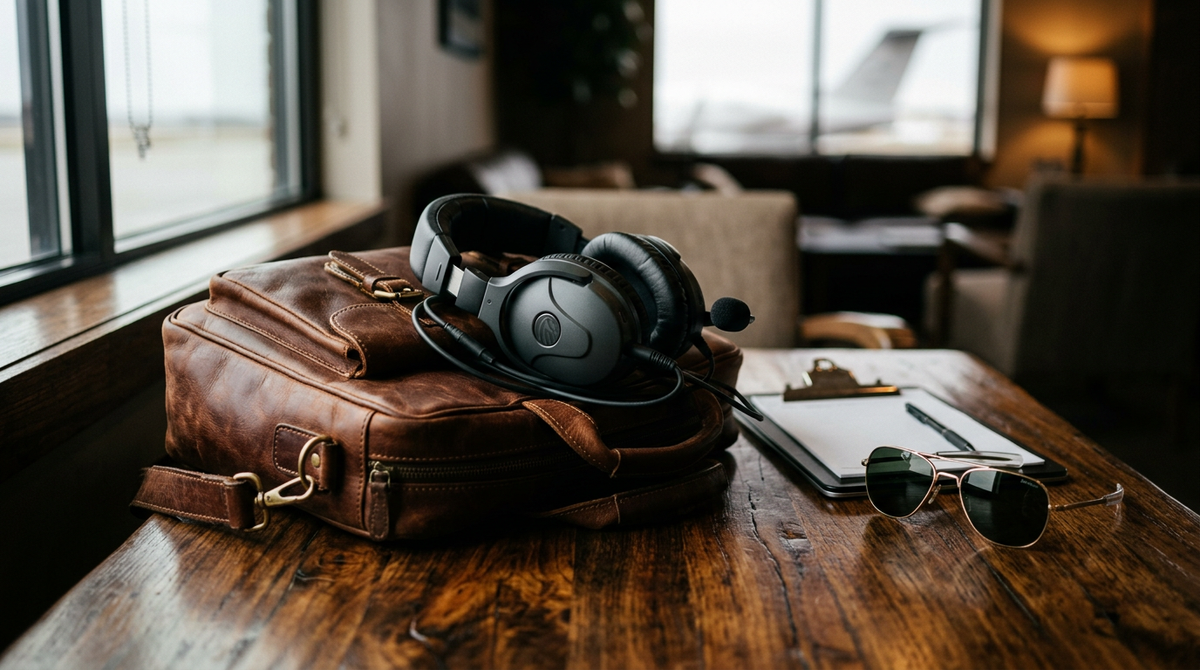 An aviation ANR headset on a leather flight bag with a kneeboard and aviator sunglasses