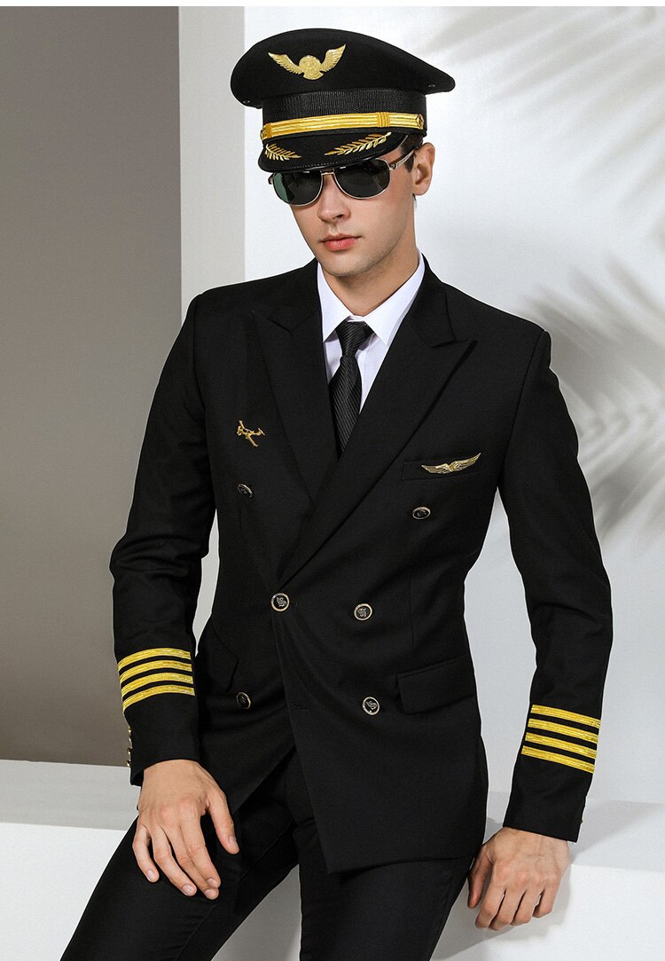 Airline captain in full pilot uniform — 4-bar epaulette jacket, white shirt, tie and peaked cap