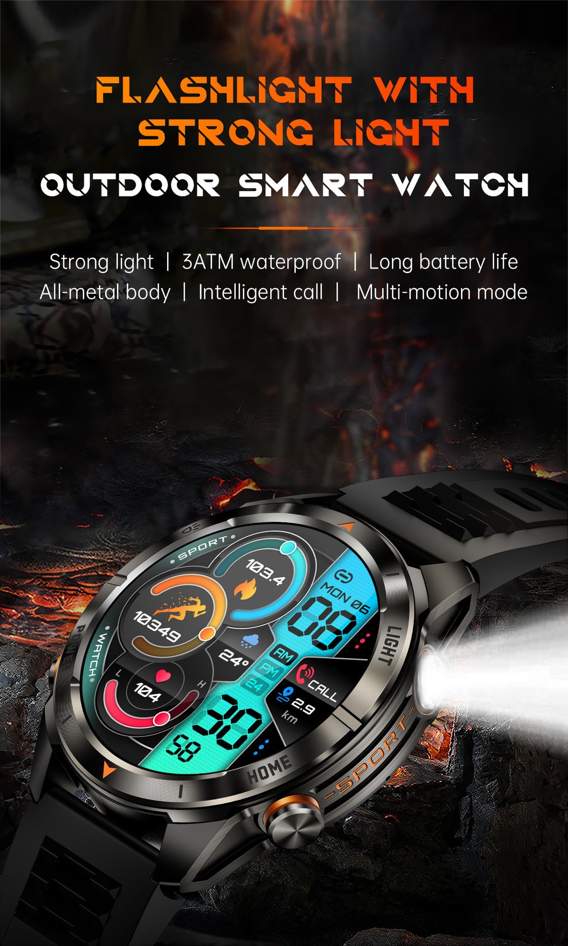 KT88 Sports Smart Watch: 1.7 Inch Fitness Recording Flashlight, Compass & Large Battery
