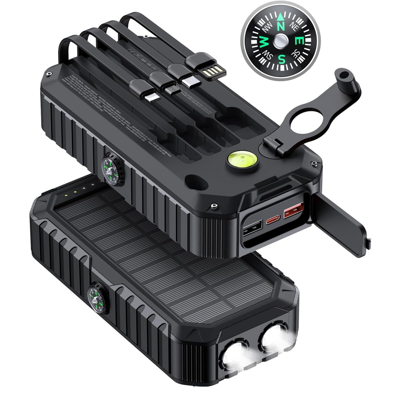 20000mAh Solar Power Bank: 4 Built-in Cables, Hand Crank, 6 Outputs/4 Inputs