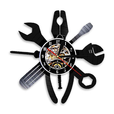 Pliers Wrench Mechanical Repair Vinyl Record aviation design on premium wood and metal wall clock.