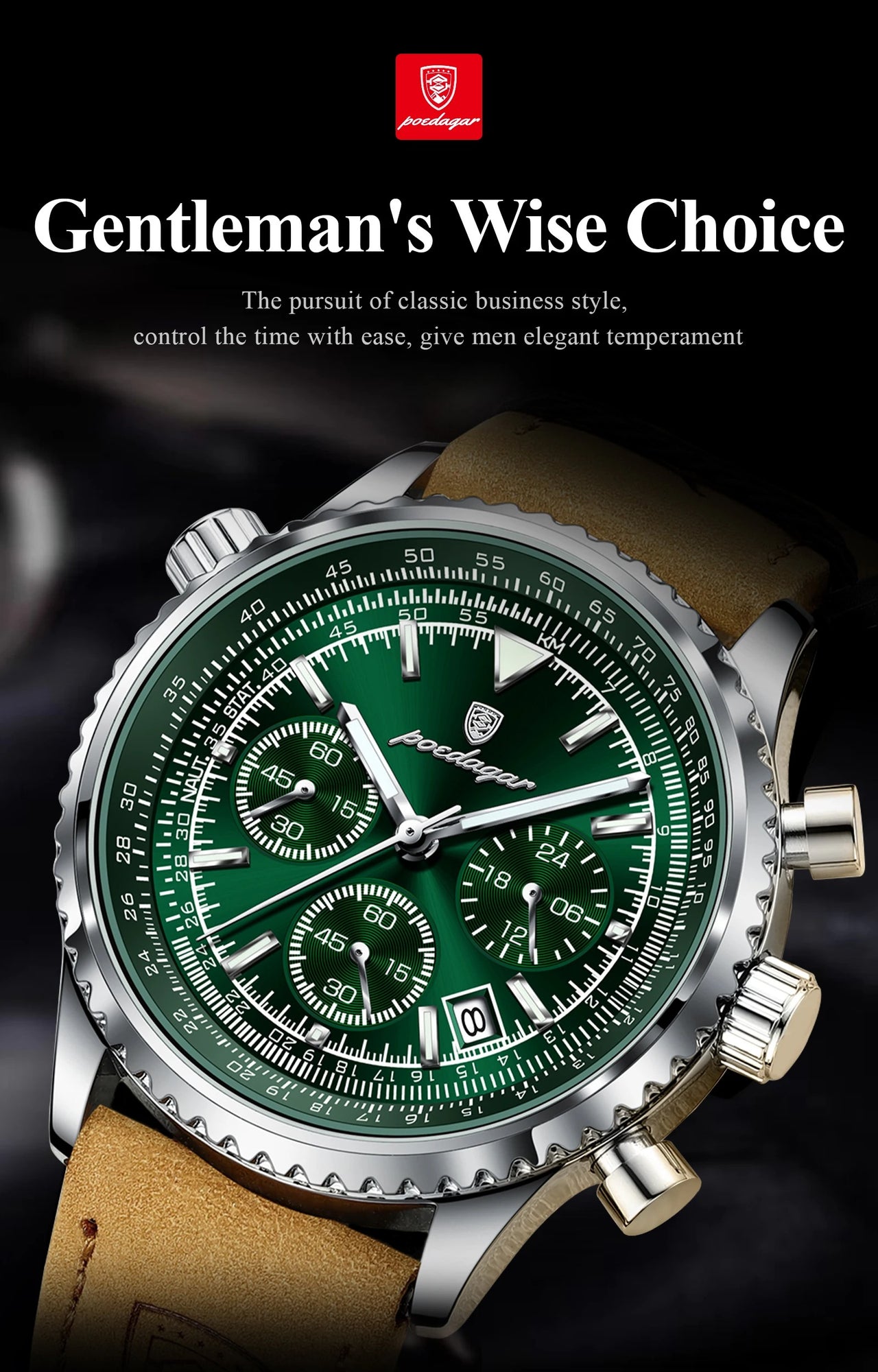 Luxury Military-Inspired Men's Quartz Watch: Premium Leather Strap, Waterproof Design with Chronograph, Date & Luminous Display