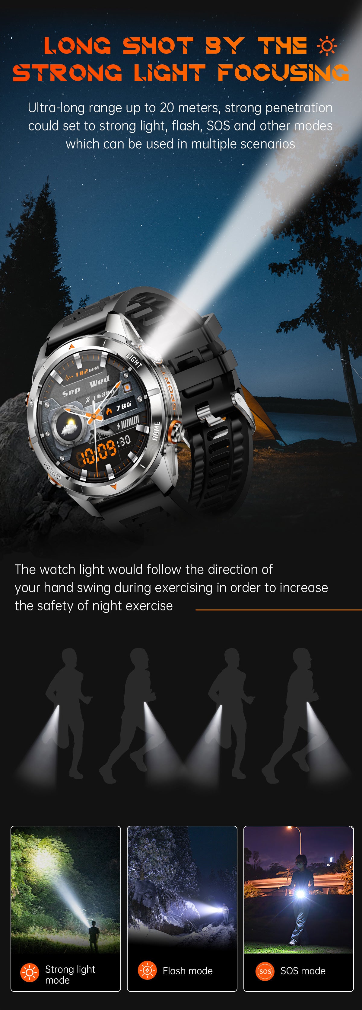 KT88 Sports Smart Watch: 1.7 Inch Fitness Recording Flashlight, Compass & Large Battery